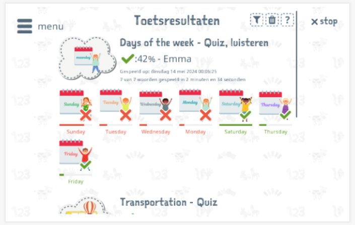 Toetsresultaten geven inzicht in de woordenschatkennis van het thema Dagen van de week 