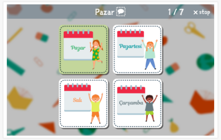 Taaltoets (lezen en luisteren) van het thema Dagen van de week van de app Turks voor kinderen