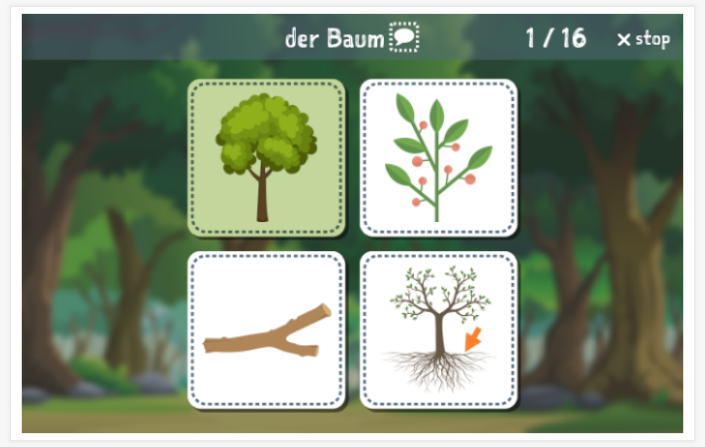 Taaltoets (lezen en luisteren) van het thema Bos van de app Duits voor kinderen