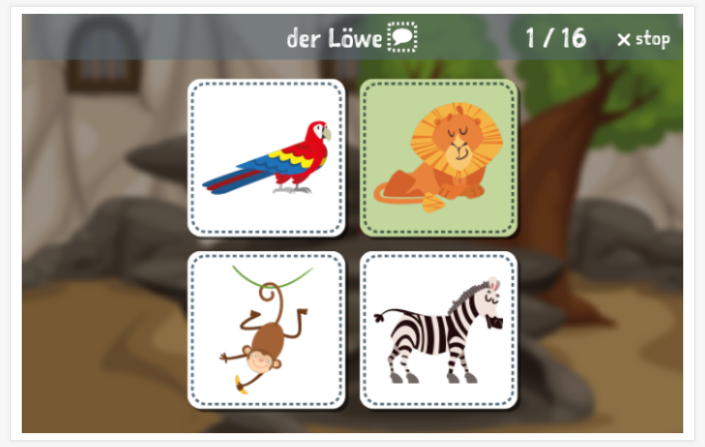 Taaltoets (lezen en luisteren) van het thema Dierentuin van de app Duits voor kinderen
