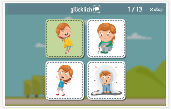 Taaltoets (lezen en luisteren) van het thema Emoties van de app Duits voor kinderen