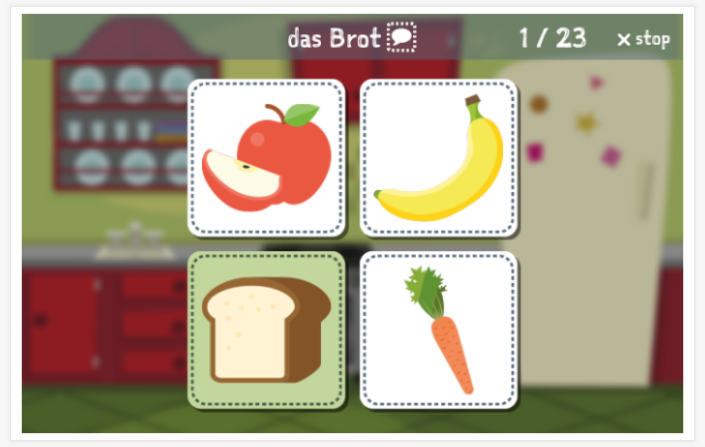 Taaltoets (lezen en luisteren) van het thema Eten & drinken van de app Duits voor kinderen