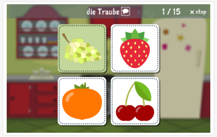 Taaltoets (lezen en luisteren) van het thema Fruit van de app Duits voor kinderen