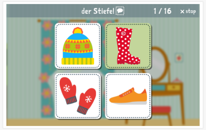 Taaltoets (lezen en luisteren) van het thema Kleding van de app Duits voor kinderen