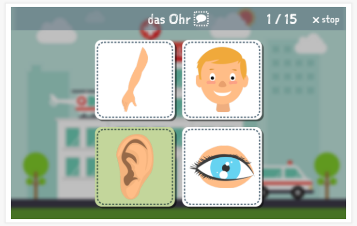 Taaltoets (lezen en luisteren) van het thema Lichaam van de app Duits voor kinderen