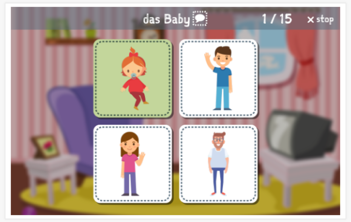 Taaltoets (lezen en luisteren) van het thema Mensen van de app Duits voor kinderen