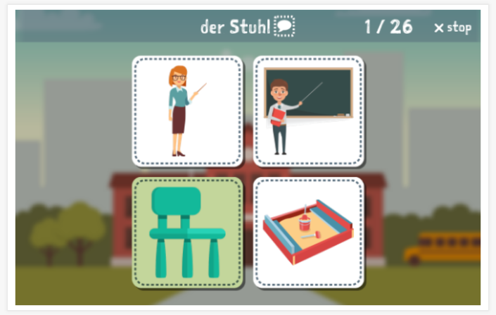 Taaltoets (lezen en luisteren) van het thema School van de app Duits voor kinderen