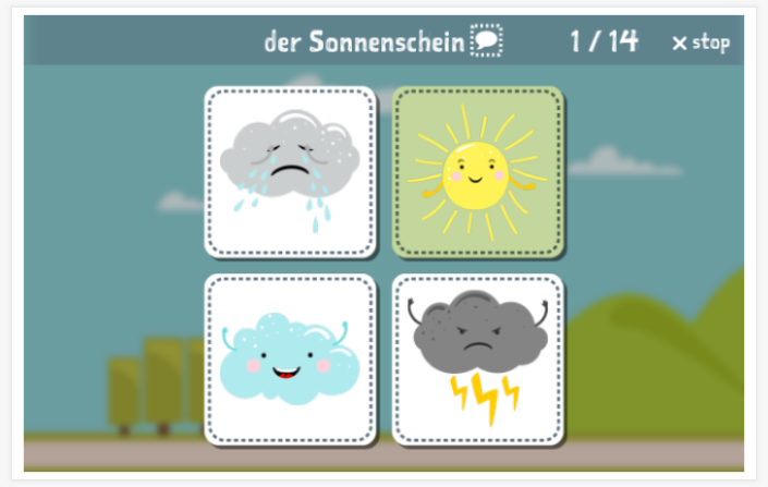 Taaltoets (lezen en luisteren) van het thema Seizoenen en weer van de app Duits voor kinderen