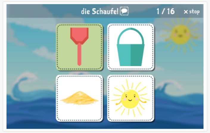 Taaltoets (lezen en luisteren) van het thema Strand van de app Duits voor kinderen
