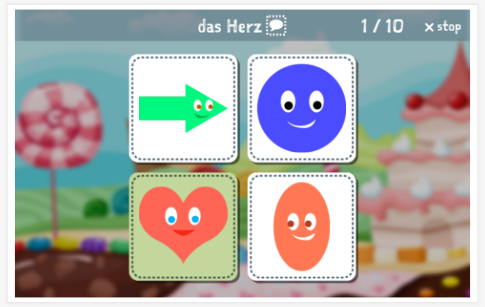 Taaltoets (lezen en luisteren) van het thema Vormen van de app Duits voor kinderen
