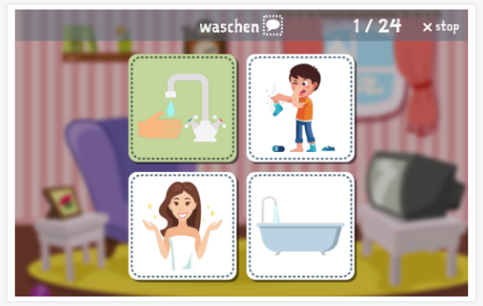 Taaltoets (lezen en luisteren) van het thema Wassen en plassen van de app Duits voor kinderen