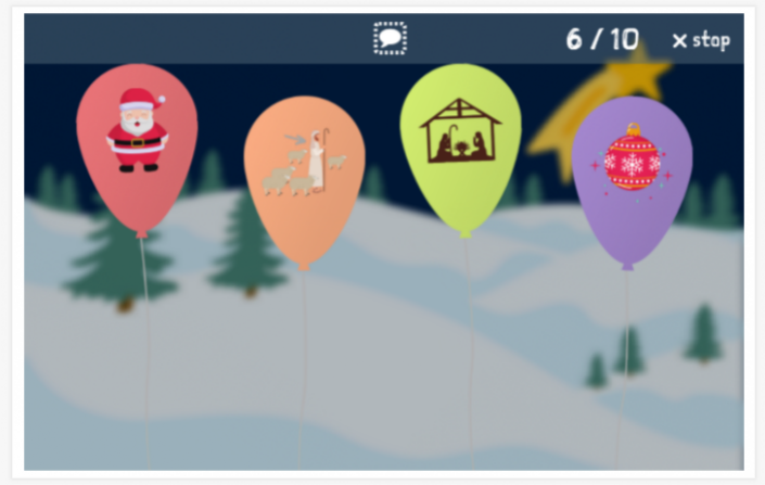 Ballonnenspel van het thema Kerst van de app Engels voor kinderen