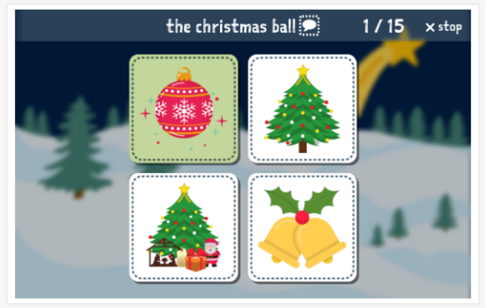 Taaltoets (lezen en luisteren) van het thema Kerst van de app Engels voor kinderen