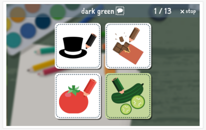 Taaltoets (lezen en luisteren) van het thema Kleuren van de app Engels voor kinderen