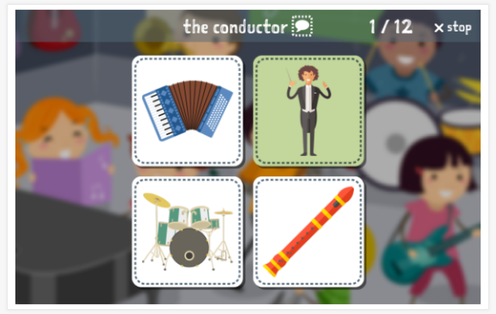 Taaltoets (lezen en luisteren) van het thema Muziek van de app Engels voor kinderen