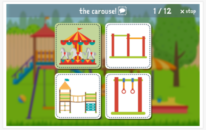 Taaltoets (lezen en luisteren) van het thema Speeltuin van de app Engels voor kinderen