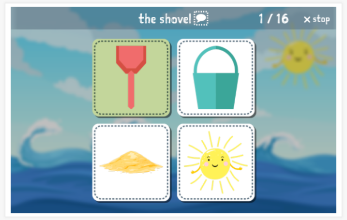 Taaltoets (lezen en luisteren) van het thema Strand van de app Engels voor kinderen