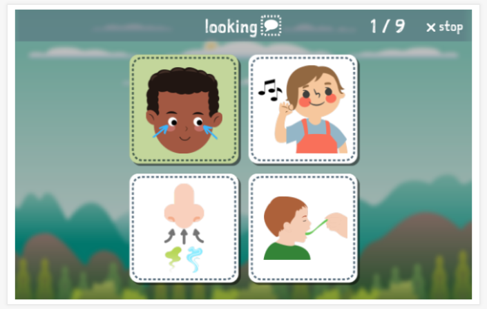 Taaltoets (lezen en luisteren) van het thema Zintuigen van de app Engels voor kinderen