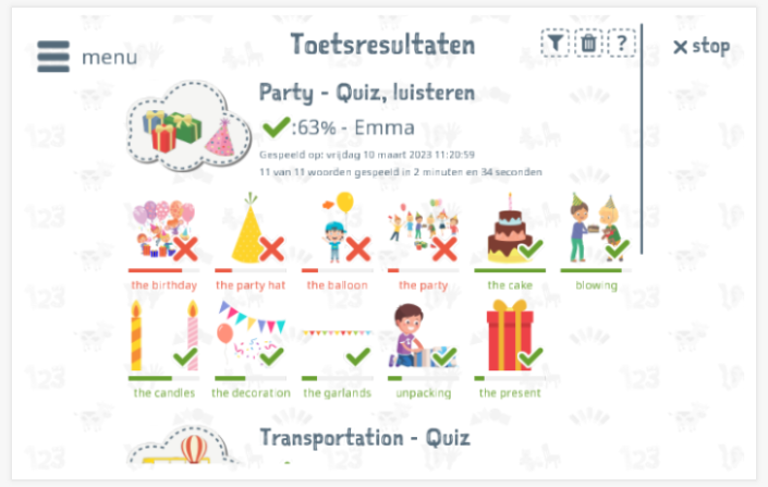 Toetsresultaten geven inzicht in de woordenschatkennis van het thema Feest 