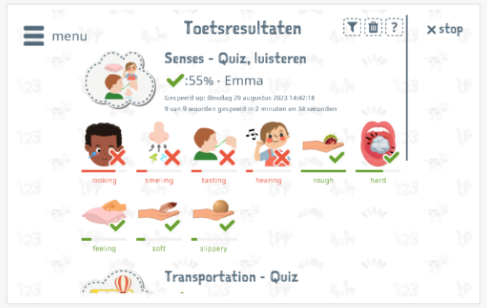 Toetsresultaten geven inzicht in de woordenschatkennis van het thema Zintuigen 