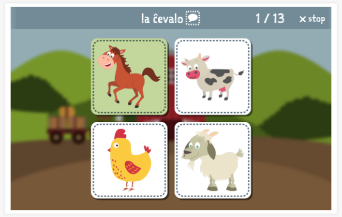 Taaltoets (lezen en luisteren) van het thema Boerderij van de app Esperanto voor kinderen