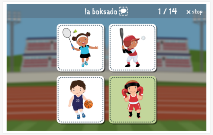Taaltoets (lezen en luisteren) van het thema Sport van de app Esperanto voor kinderen