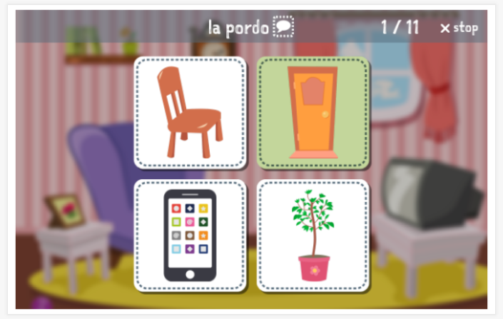 Taaltoets (lezen en luisteren) van het thema Thuis van de app Esperanto voor kinderen