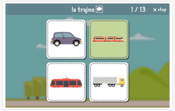 Taaltoets (lezen en luisteren) van het thema Vervoer van de app Esperanto voor kinderen