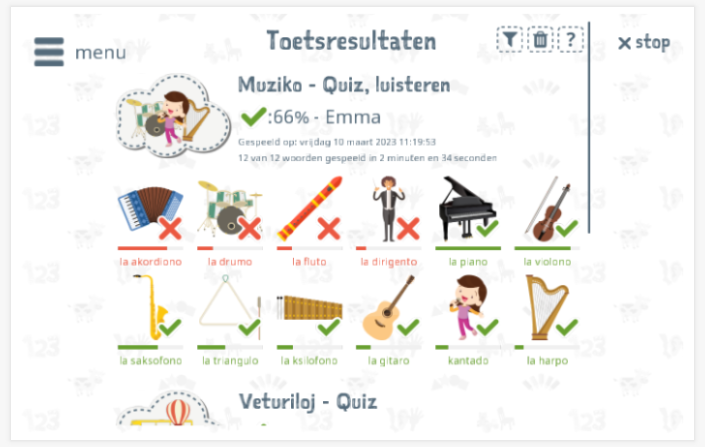 Toetsresultaten geven inzicht in de woordenschatkennis van het thema Muziek 