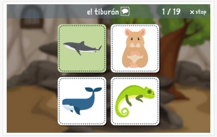 Taaltoets (lezen en luisteren) van het thema Dieren van de app Spaans voor kinderen