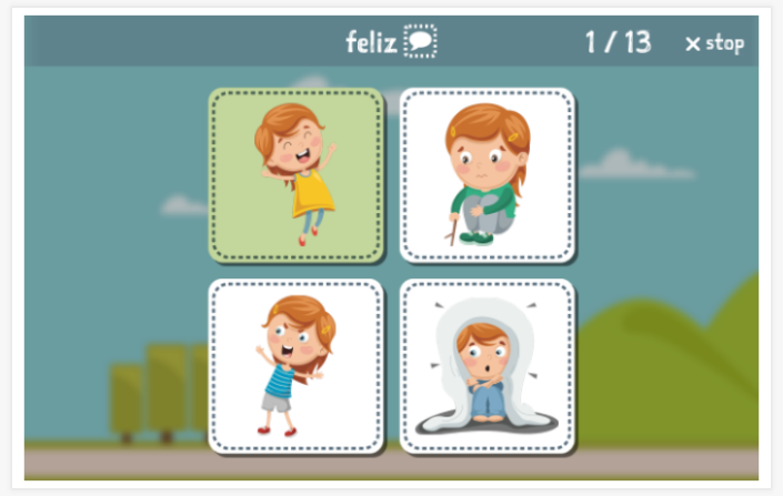 Taaltoets (lezen en luisteren) van het thema Emoties van de app Spaans voor kinderen