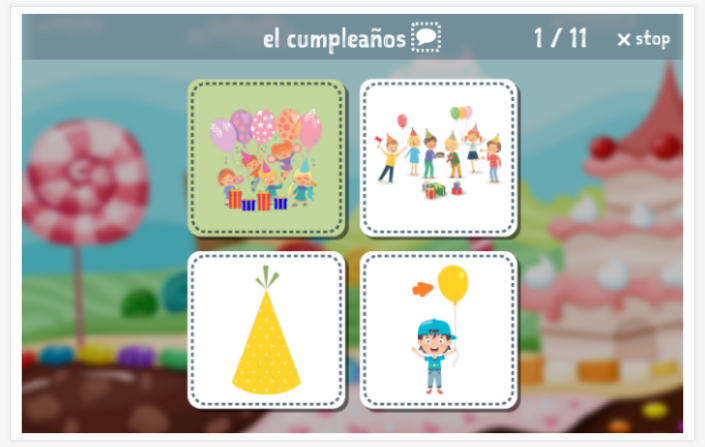 Taaltoets (lezen en luisteren) van het thema Feest van de app Spaans voor kinderen