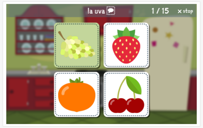 Taaltoets (lezen en luisteren) van het thema Fruit van de app Spaans voor kinderen