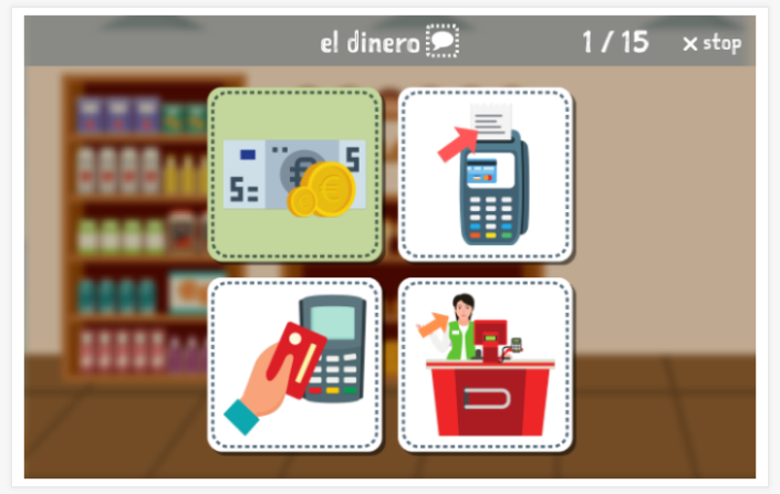 Taaltoets (lezen en luisteren) van het thema Winkelen van de app Spaans voor kinderen