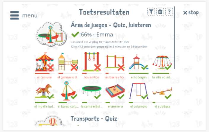 Toetsresultaten geven inzicht in de woordenschatkennis van het thema Speeltuin 