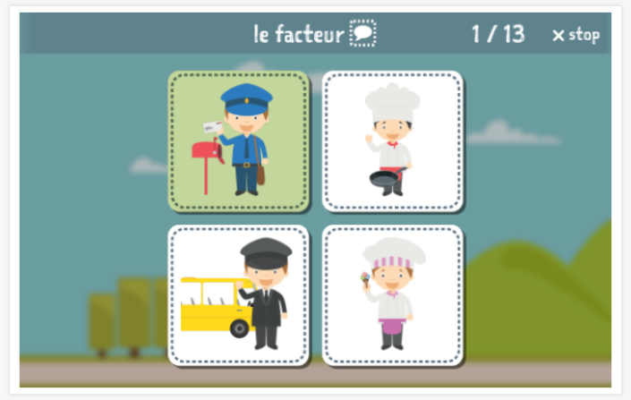Taaltoets (lezen en luisteren) van het thema Beroepen van de app Frans voor kinderen