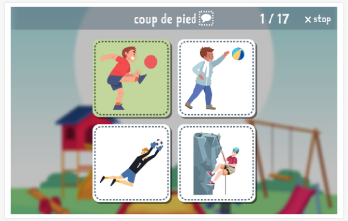 Taaltoets (lezen en luisteren) van het thema Bewegen van de app Frans voor kinderen