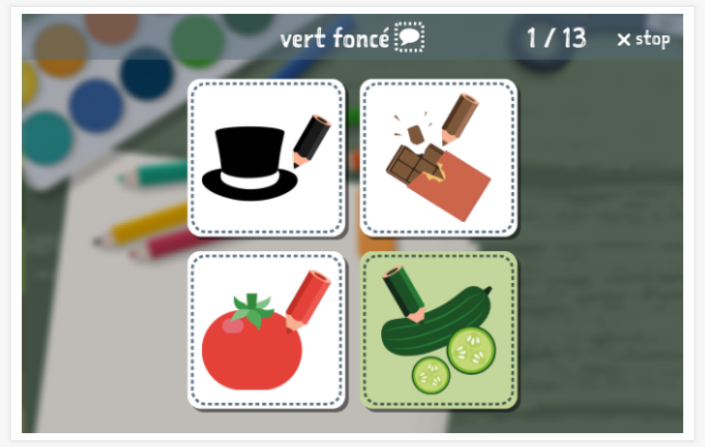 Taaltoets (lezen en luisteren) van het thema Kleuren van de app Frans voor kinderen