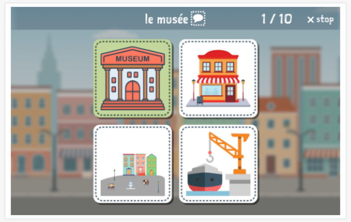 Taaltoets (lezen en luisteren) van het thema Stad van de app Frans voor kinderen