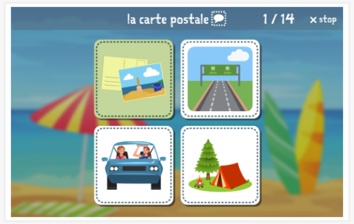 Taaltoets (lezen en luisteren) van het thema Vakantie van de app Frans voor kinderen