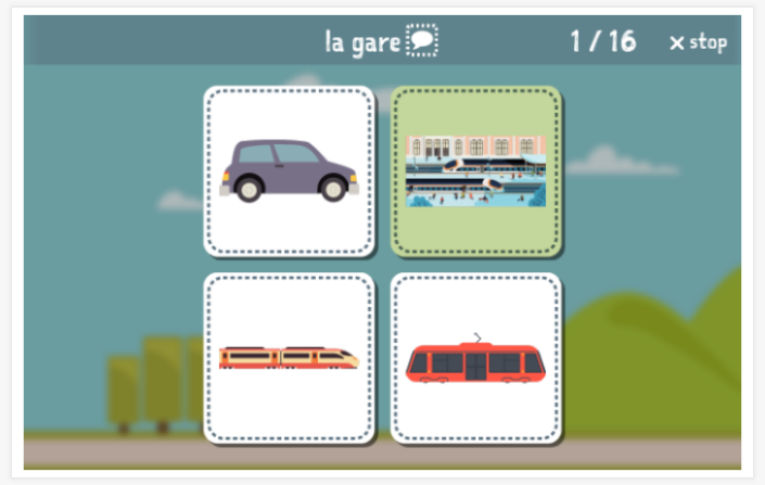 Taaltoets (lezen en luisteren) van het thema Vervoer van de app Frans voor kinderen