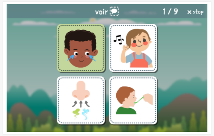 Taaltoets (lezen en luisteren) van het thema Zintuigen van de app Frans voor kinderen