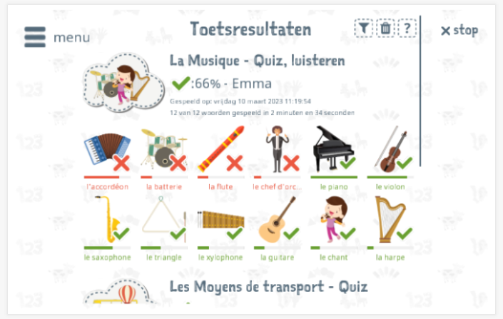 Toetsresultaten geven inzicht in de woordenschatkennis van het thema Muziek 