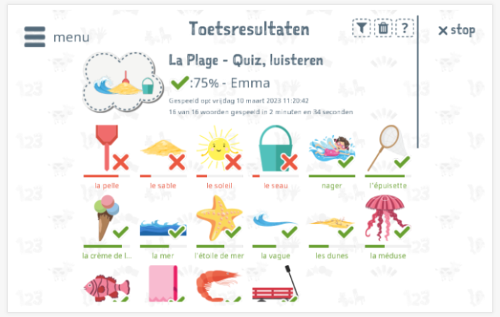 Toetsresultaten geven inzicht in de woordenschatkennis van het thema Strand 