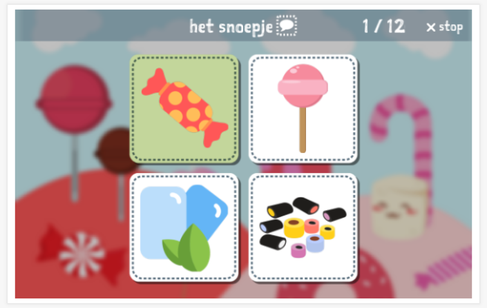 Taaltoets (lezen en luisteren) van het thema Snoep van de app Nederlands voor kinderen