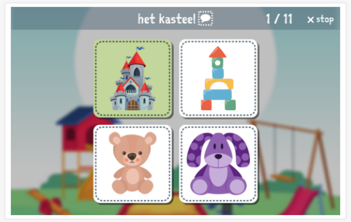Taaltoets (lezen en luisteren) van het thema Speelgoed van de app Nederlands voor kinderen