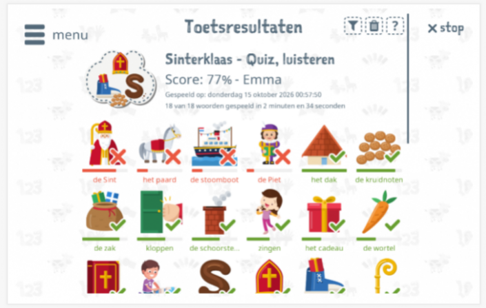 Toetsresultaten geven inzicht in de woordenschatkennis van het thema Sinterklaas