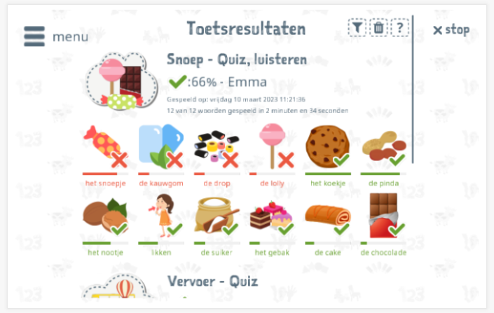 Toetsresultaten geven inzicht in de woordenschatkennis van het thema Snoep 