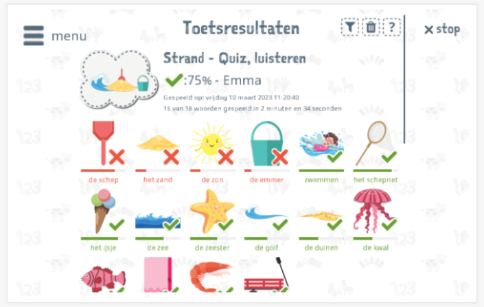 Toetsresultaten geven inzicht in de woordenschatkennis van het thema Strand 