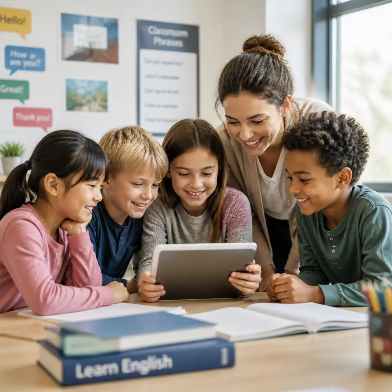 Kinderen en leerkracht leren samen een taal met een tablet